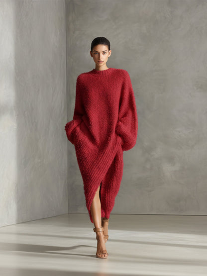 Velina | Fuzzy Knit Midi Dress Asymmetric Slit