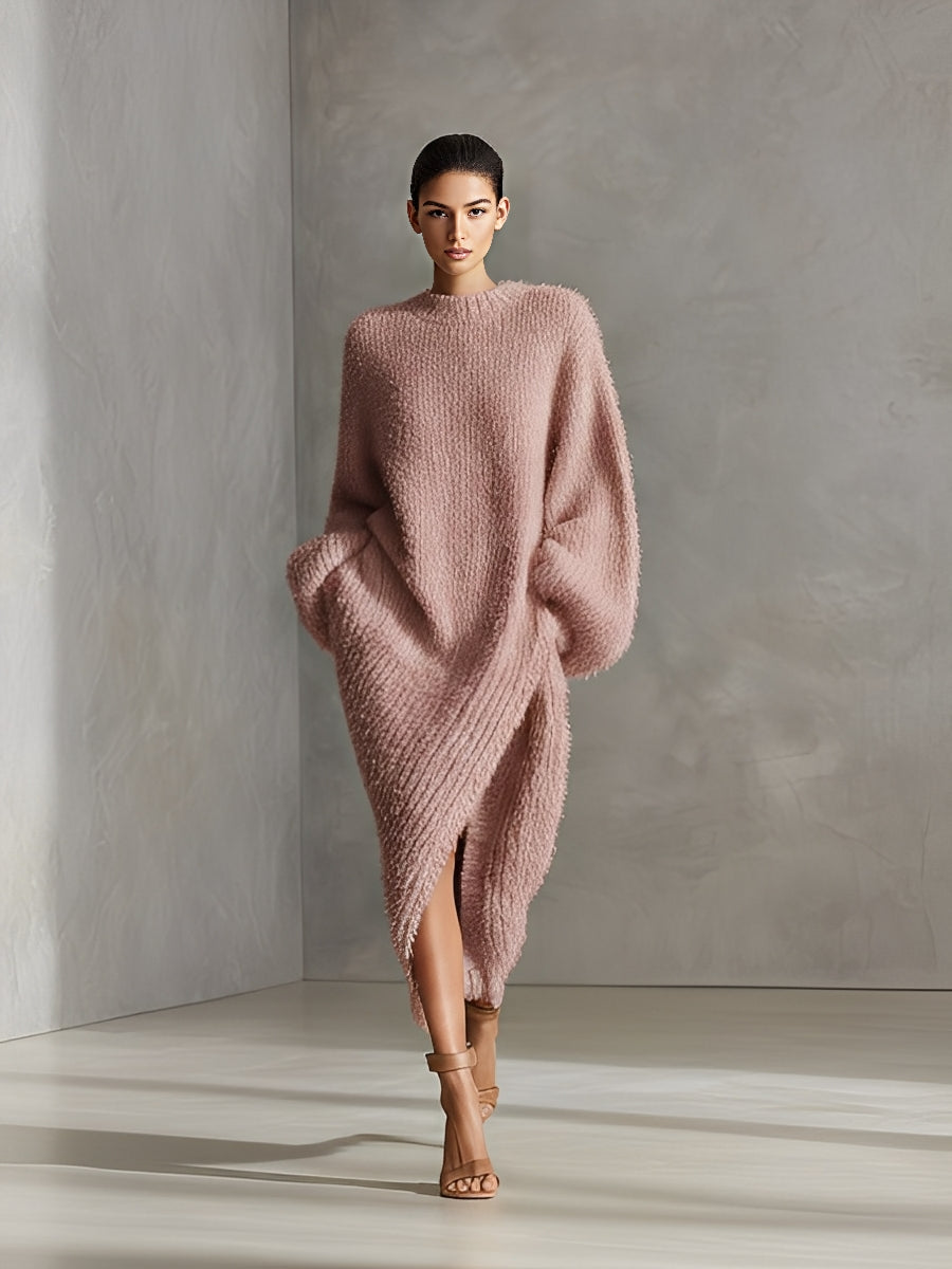 Velina | Fuzzy Knit Midi Dress Asymmetric Slit