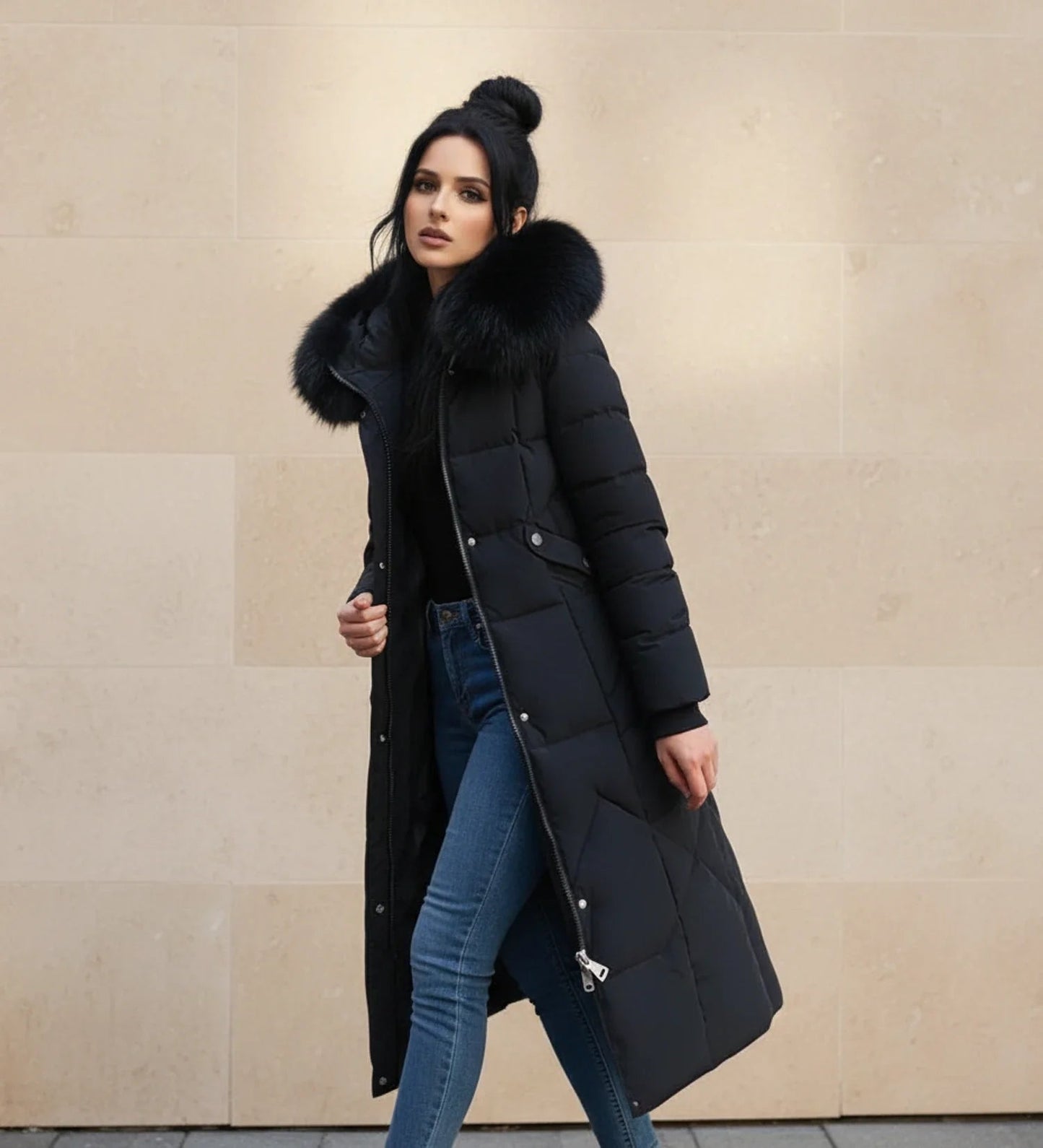 Olympe | Faux Fur Trim Hooded Quilted Longline Jacket