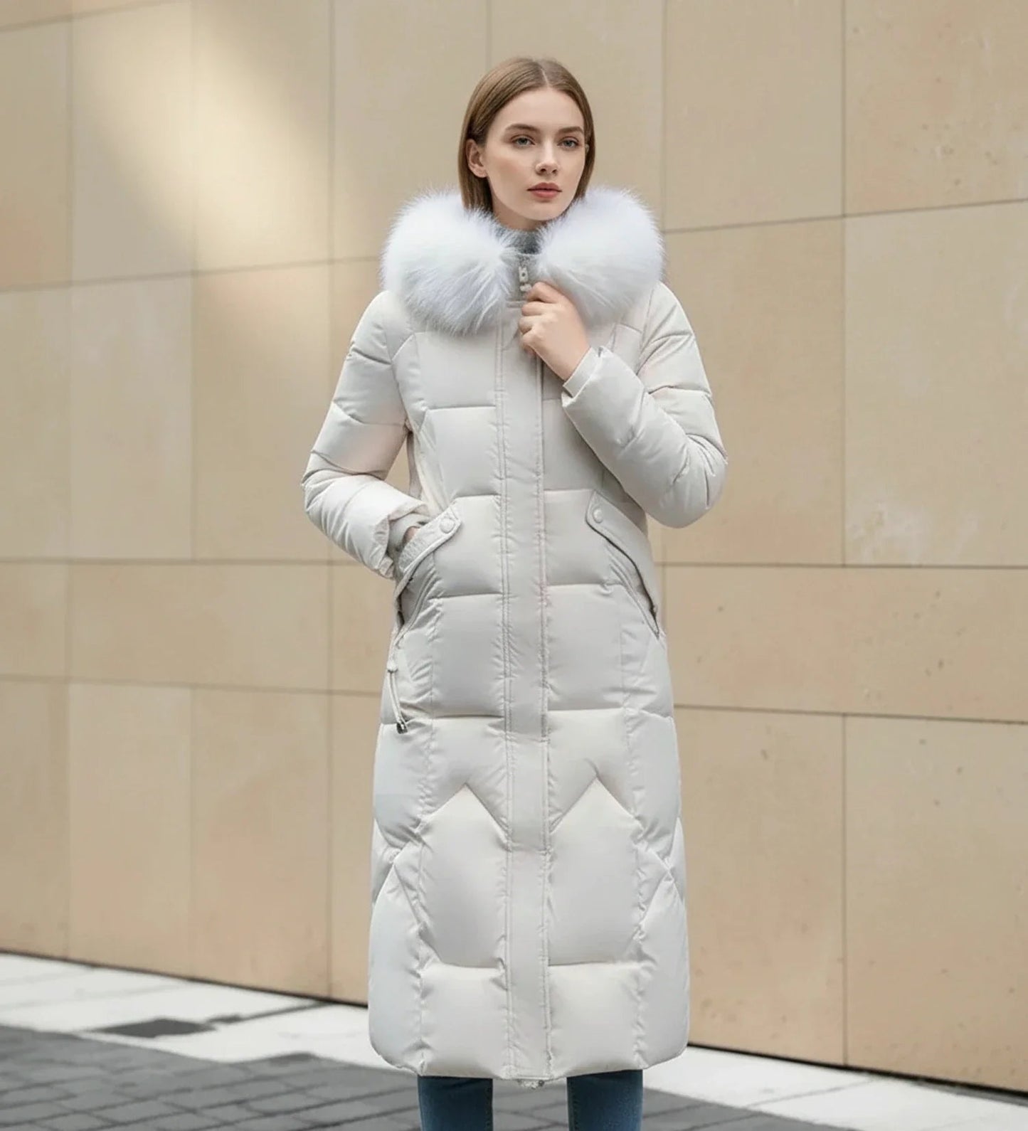 Olympe | Faux Fur Trim Hooded Quilted Longline Jacket