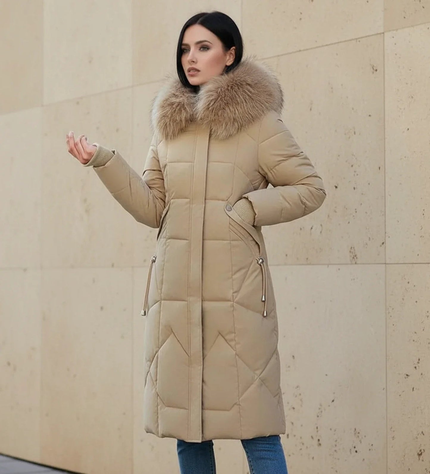 Olympe | Faux Fur Trim Hooded Quilted Longline Jacket