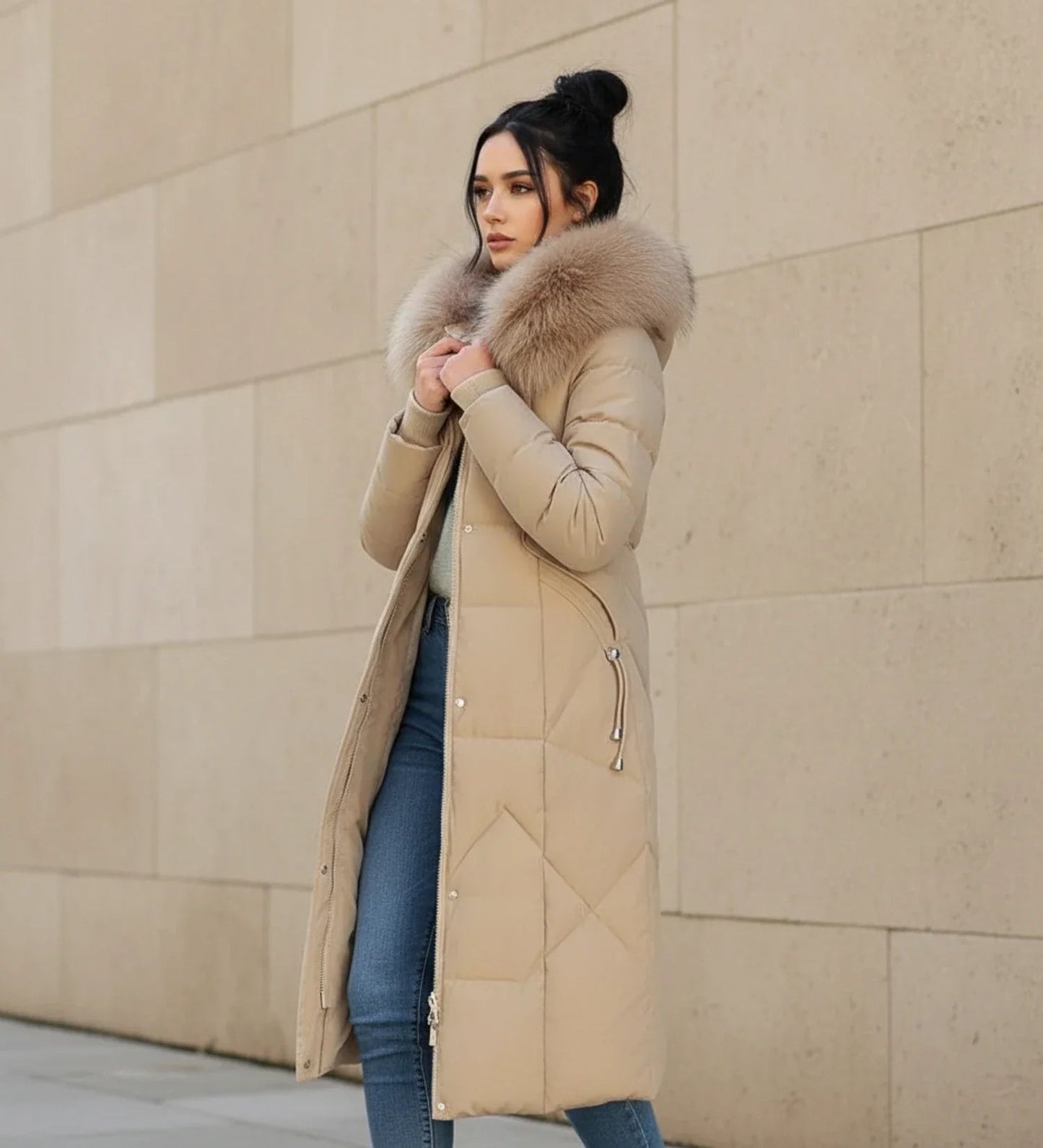 Olympe | Faux Fur Trim Hooded Quilted Longline Jacket