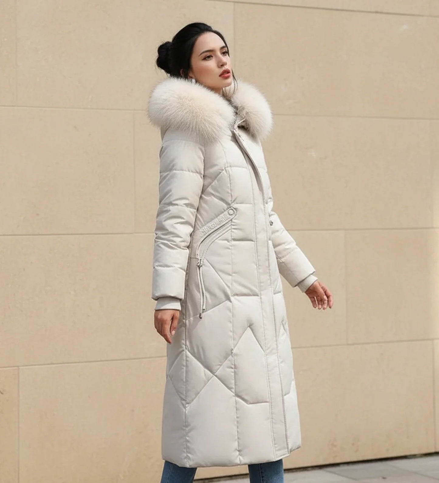 Olympe | Faux Fur Trim Hooded Quilted Longline Jacket