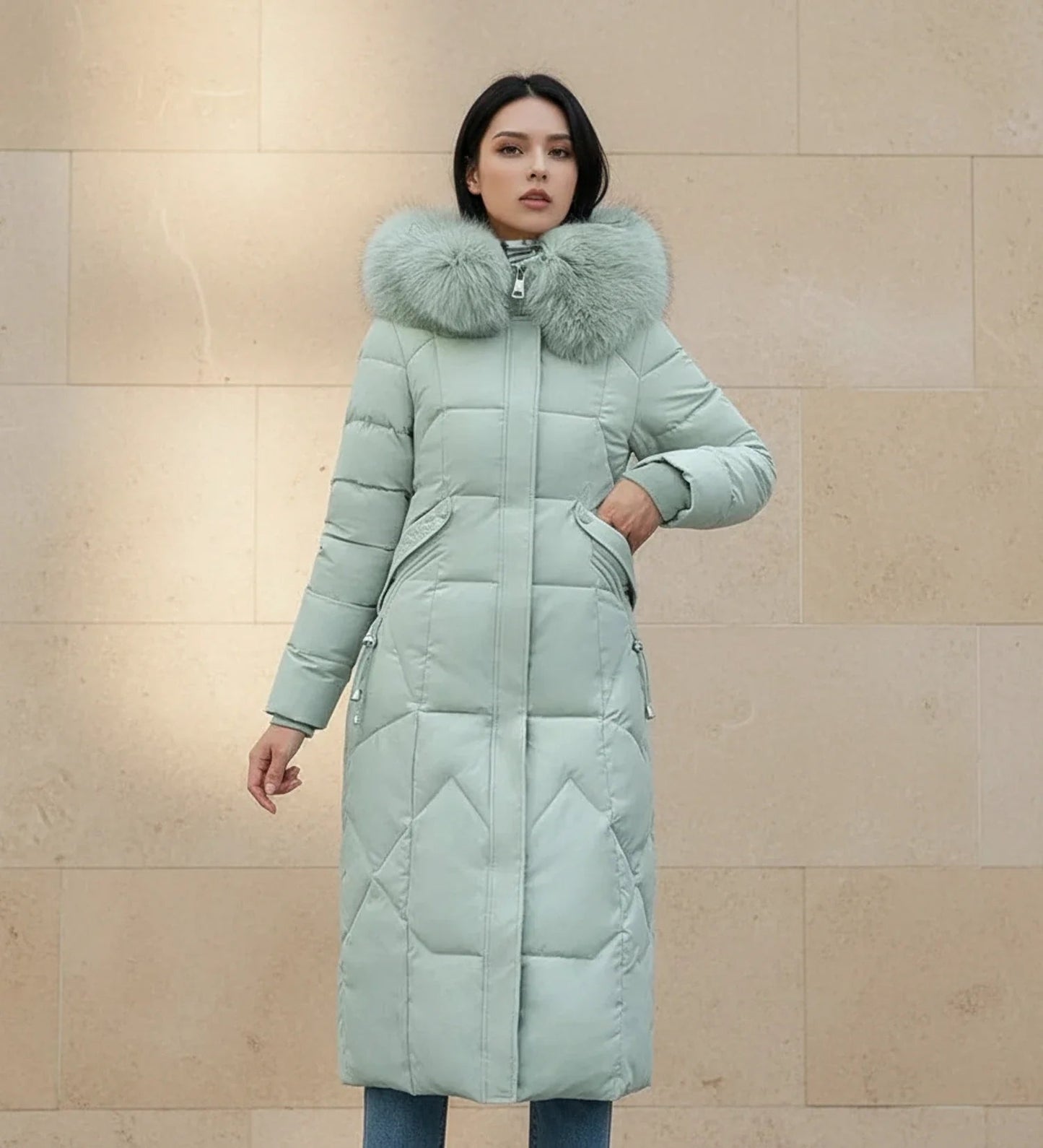 Olympe | Faux Fur Trim Hooded Quilted Longline Jacket