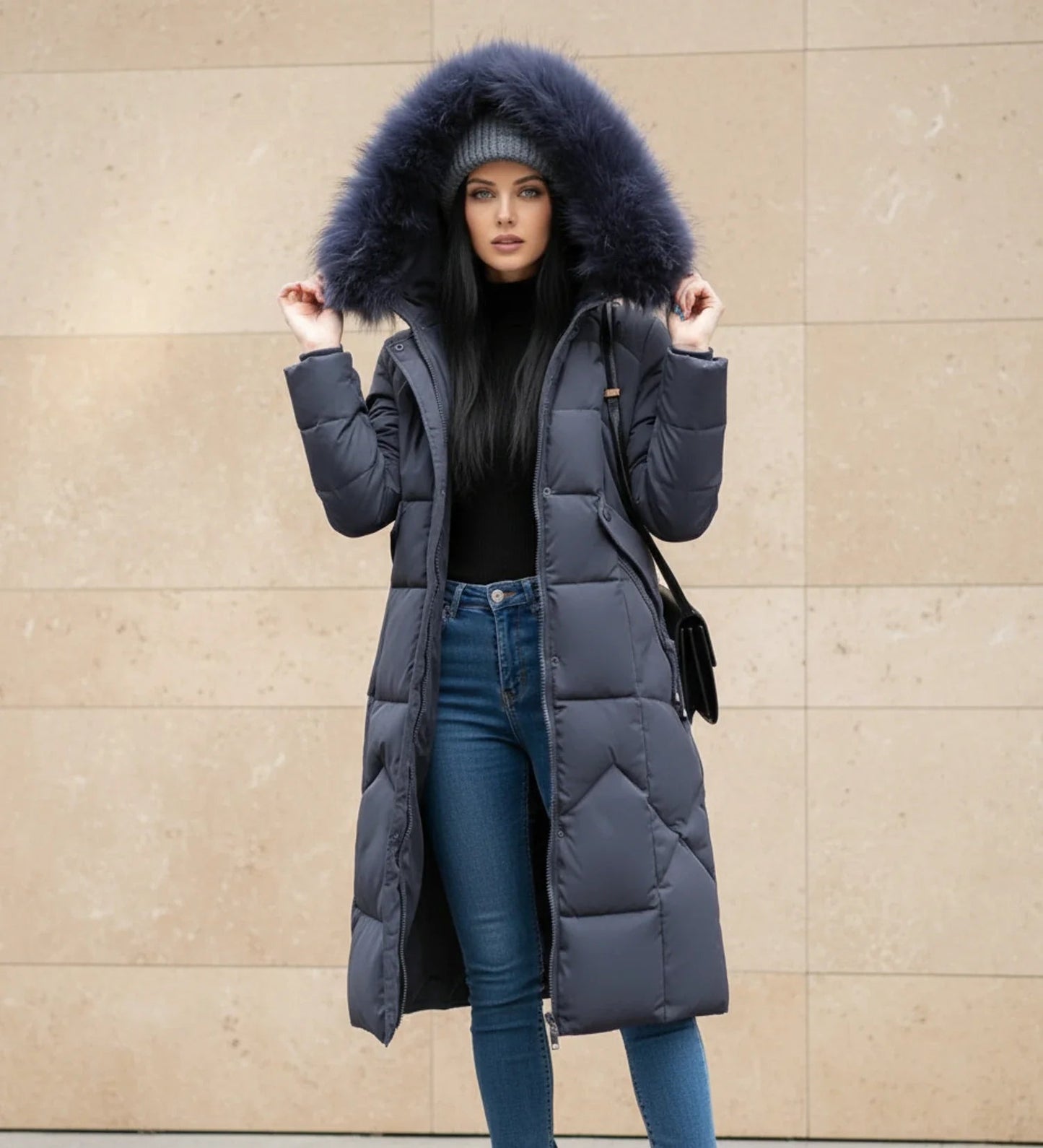 Olympe | Faux Fur Trim Hooded Quilted Longline Jacket