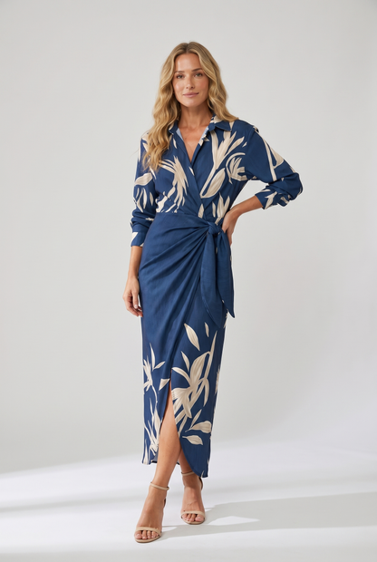 Seraphine | Leaf Print Collared V-Neck Wrap Maxi Dress