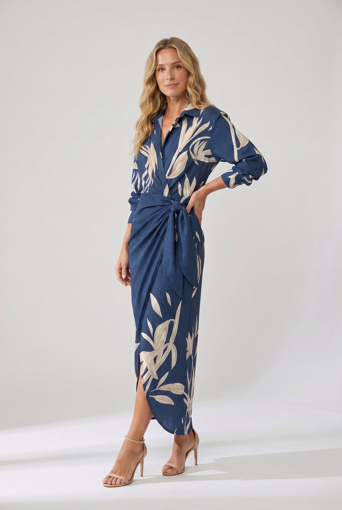 Seraphine | Leaf Print Collared V-Neck Wrap Maxi Dress