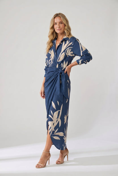 Seraphine | Leaf Print Collared V-Neck Wrap Maxi Dress