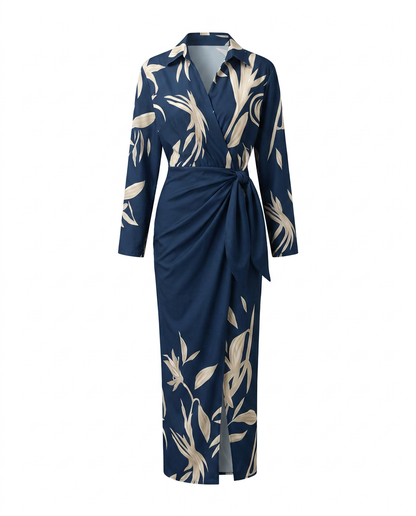 Seraphine | Leaf Print Collared V-Neck Wrap Maxi Dress