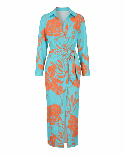Seraphine | Leaf Print Collared V-Neck Wrap Maxi Dress