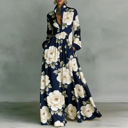 Daphne | Stand Collar Printed Boho Maxi Dress