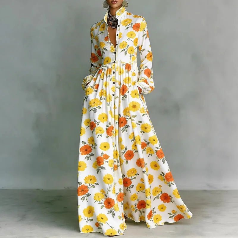Daphne | Stand Collar Printed Boho Maxi Dress