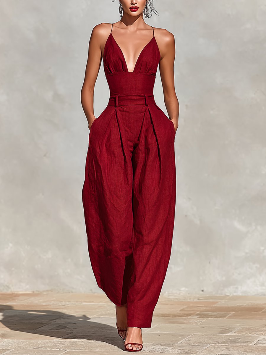 Constance | Women's Deep V Neck Wide Leg Jumpsuit