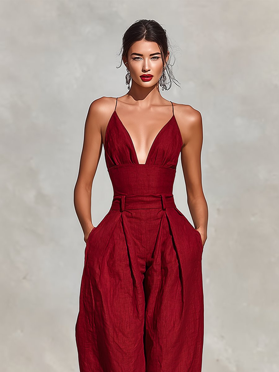 Constance | Women's Deep V Neck Wide Leg Jumpsuit