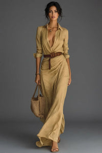 Nathalie | Belted Long Sleeve Wrap Maxi Dress