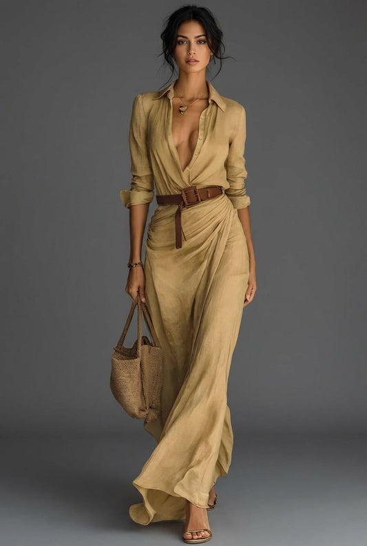 Nathalie | Belted Long Sleeve Wrap Maxi Dress