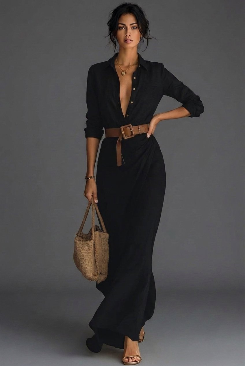 Nathalie | Belted Long Sleeve Wrap Maxi Dress
