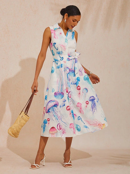 Nadine | Floral Print Sleeveless Linen-Look Shirt Dress